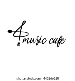 Vector hand drawn logo music cafe with style line the treble clef . Element of design template for menu of restaurant, bar. 