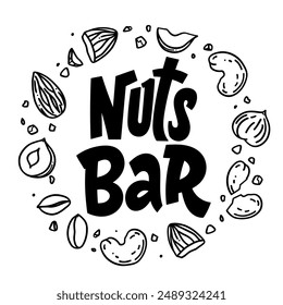 Vector dibujado a mano logo nueces barra con semillas y nueces en el estilo doodle sobre un fondo blanco