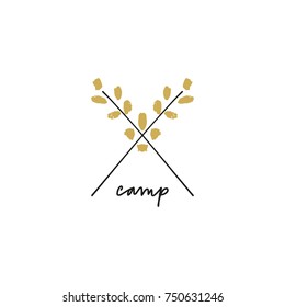 Vector hand drawn logo, sign, image, stylized trees, camping, crossed branches, tent, wigwam, print.