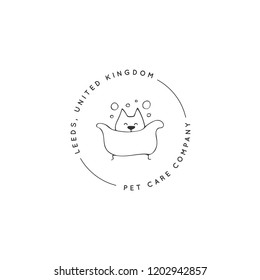 Vector hand drawn logo t Iemplate for pets related business. Dog in bathtub. Illustration for pet groomer, hotel or a veterinary clinic. Domestic animals. Isolated symbol.