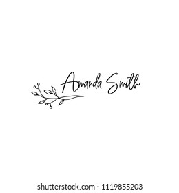 Vector hand drawn logo template in elegant and minimal style Branch with leaves and berries with a text sample. Feminine romantic floral clipart. For business branding and identity.