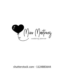 Vector hand drawn logo template in elegant and minimal style. Air balloon in shape of a heart with a text sample. For badges, labels and branding business identity. Feminine romantic clipart.