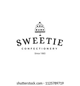 Vector hand drawn logo template in elegant and minimal style. Cake silhouette with a text sample. For badges, labels, logotypes, bakery, home baking business branding and identity.
