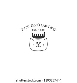 Vector hand drawn logo template for pets related business. Head of a cat. Illustration for pet groomer, shop or cat cafe, hotel or a veterinary clinic. Domestic animals. Isolated symbol.