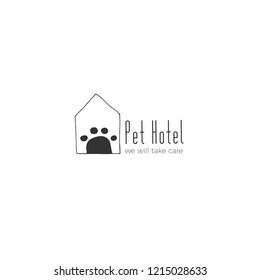 Vector hand drawn logo template for pets related business. A house. Illustration for pet hotel, shop or cafe, veterinary clinic. Domestic animals. Black on white isolated symbol.