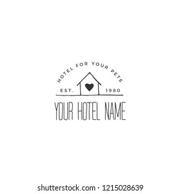 Vector hand drawn logo template for pets related business. A house. Illustration for pet hotel, shop or cafe, veterinary clinic. Domestic animals. Black on white isolated symbol.