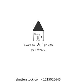 Vector hand drawn logo template for pets related business. A house. Illustration for pet hotel, shop or cafe, veterinary clinic. Domestic animals. Black on white isolated symbol.