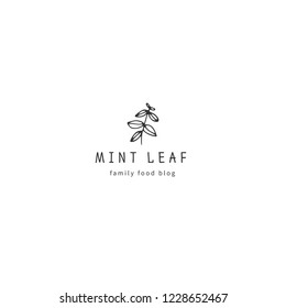 Vector hand drawn logo template, a sprig of mint. Kitchen and food theme. Isolated symbol for business branding and identity, for food blogs and websites, for cooking classes.