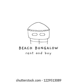 Vector hand drawn logo template, a tropical hut. For badges, labels, logotypes and branding business identity. Perfect for rental of beach property, bar, cafe or shop.