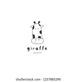 Vector hand drawn logo template, cute giraffe. Element for children related business branding and identity. For kids club or shop. Black on white illustration.