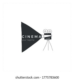 Vector hand drawn logo template, a videocamera. Cinema illustration. For branding and business identity. For movie houses, shops and cafe, for car cinema.