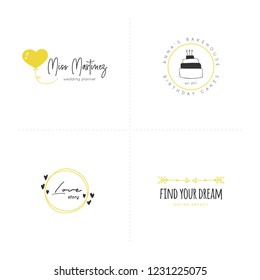 Vector hand drawn logo templates. Romantic and wedding feminine logo elements. Isolated symbols for greeting cards, business branding and identity, overlays.