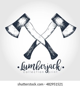 Vector hand drawn logo of two crossed axes. Lumberjack print collection. Vintage engraved art. Hipster trendy forest illustration. Use for prints, logo design, restaurant, camping, business.