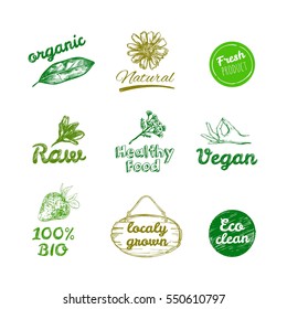 Vector hand drawn logos. Healthy eat logotypes set. Vegan, natural food and drinks signs. Farm market, store icons collection. Raw meal badges, labels. Isolated objects