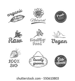 Vector hand drawn logos. Healthy eat logotypes set. Vegan, natural food and drinks signs. Farm market, store icons collection. Raw meal badges, labels. Isolated objects