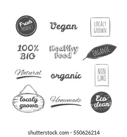 Vector hand drawn logos. Healthy eat logotypes set. Vegan, natural food and drinks signs. Farm market, store icons collection. Raw meal badges, labels. Isolated objects
