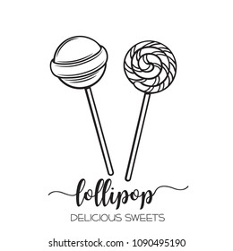 Vector hand drawn lollipop candy on stick with twisted design badge. Retro style.