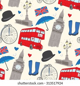 Vector hand drawn London pattern with elements Big Ben clock, flag of Great Britain, policeman helmet, red bus, umbrella, boots, Street light