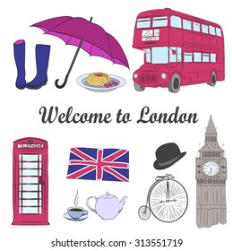 Vector hand drawn London set with Big Ben clock, flag of Great Britain, hat, red bus, umbrella, boots, Street light, cup of coffee