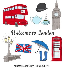 Set England Symbolslandmarkstravel Iconshand Drawn Set Stock Vector ...