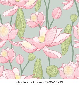 Vector hand drawn lotus flower seamless pattern