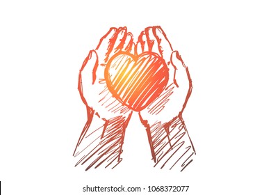 Vector Hand Drawn Love Concept Sketch. Heart In Caring Human Palms.