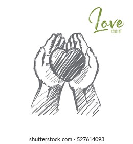 Vector Hand Drawn Love Concept Sketch. Heart In Caring Human Palms. Lettering Love Concept