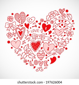 Vector hand drawn love elements hearts ribbons keys broken heart in shape of heart