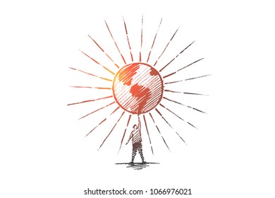 Vector hand drawn I love my planet concept sketch. Man standing and holding big shining globe on raised hand.