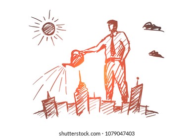 Vector hand drawn I love my city concept sketch with businessman standing and watering city from above with can