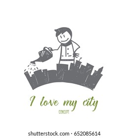 Vector hand drawn I love my city concept sketch. Man standing and pouring his city from watering can