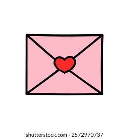 Vector hand drawn love pink letter with red heart. Happy valentine's day isolated element