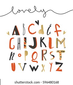 Vector Hand Drawn Lovely Artistic and Creative Alphabet. Typeface. Font. Isolated. EPS 10.