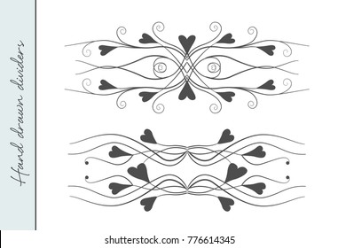 Vector hand drawn lovely valentine's day flourishes text divider graphic design element set. Designer art vintage border for Wedding invite card, page decoration. Delicate swirls hearts ornatate motif
