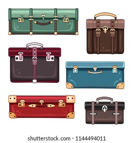 Vector hand drawn luggage set of colorful vintage suitcases. Travel baggage collection