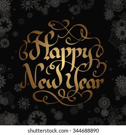 vector hand drawn luxury gold calligraphic logo for happy new year greeting card on black background with snowflakes happy classic vacation traditional holiday background scene new gold ceremony chris
