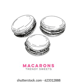 Vector hand drawn macarons Illustration. Sketch vintage style. Design template. Retro background. 