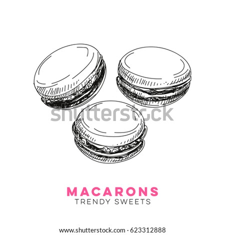 Vector hand drawn macarons Illustration. Sketch vintage style. Design template. Retro background. 