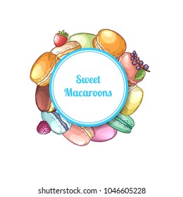 Vector hand drawn macaroons under circle with shadow and place for text illustration