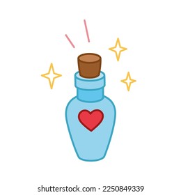 Vector hand drawn magic love potion bottle. Vector icon for valentines day. Magical drink illustration. Cartoon doodle style, flat design.
