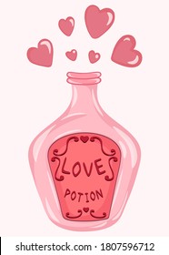 Vector hand drawn magic potion bottle. Vector decoration for print on t'-shirt, postcard and poster for valentine day and halloween.