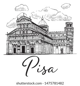 Vector Hand Drawn Main Cathedral With Tower of Pisa In Italy Ink Illustration