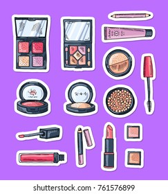 Vector hand drawn makeup elements stickers isolated on dark background illustration