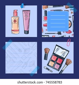 Vector hand drawn makeup products, foundation, shadows lined notes set illustration