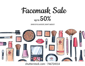 Vector hand drawn makeup products sale background illustration cartoon flat