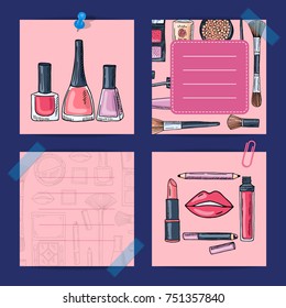 Vector hand drawn makeup products, nail polishes, lipsticks lined notes set illustration