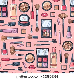 Vector hand drawn makeup products pattern or background collection illustration