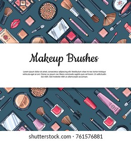 Vector hand drawn makeup products background with wide white ribbons with shadows and place for text illustration
