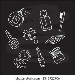 Vector hand drawn makeup white elements on black background. Doodle cosmetic in sketch style. For beauty shop, sale action banner