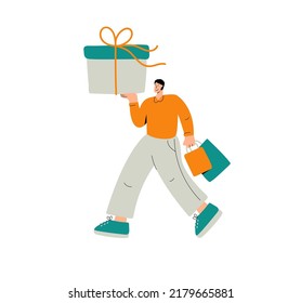 Vector Hand Drawn Male Character Carrying Gift Box And Bags From Shop. Man People Returning From Supermarket With Purchase. Holiday Or Birthday Activity In Flat Style.